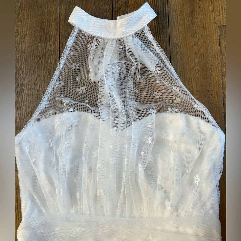 LULUS Positively Precious White Floral Mesh Tiered Halter Midi Dress A-line - Picture 6 of 10